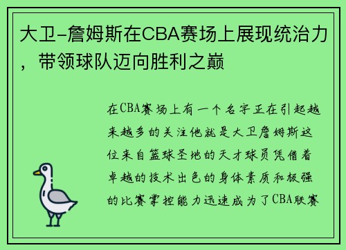 大卫-詹姆斯在CBA赛场上展现统治力，带领球队迈向胜利之巅